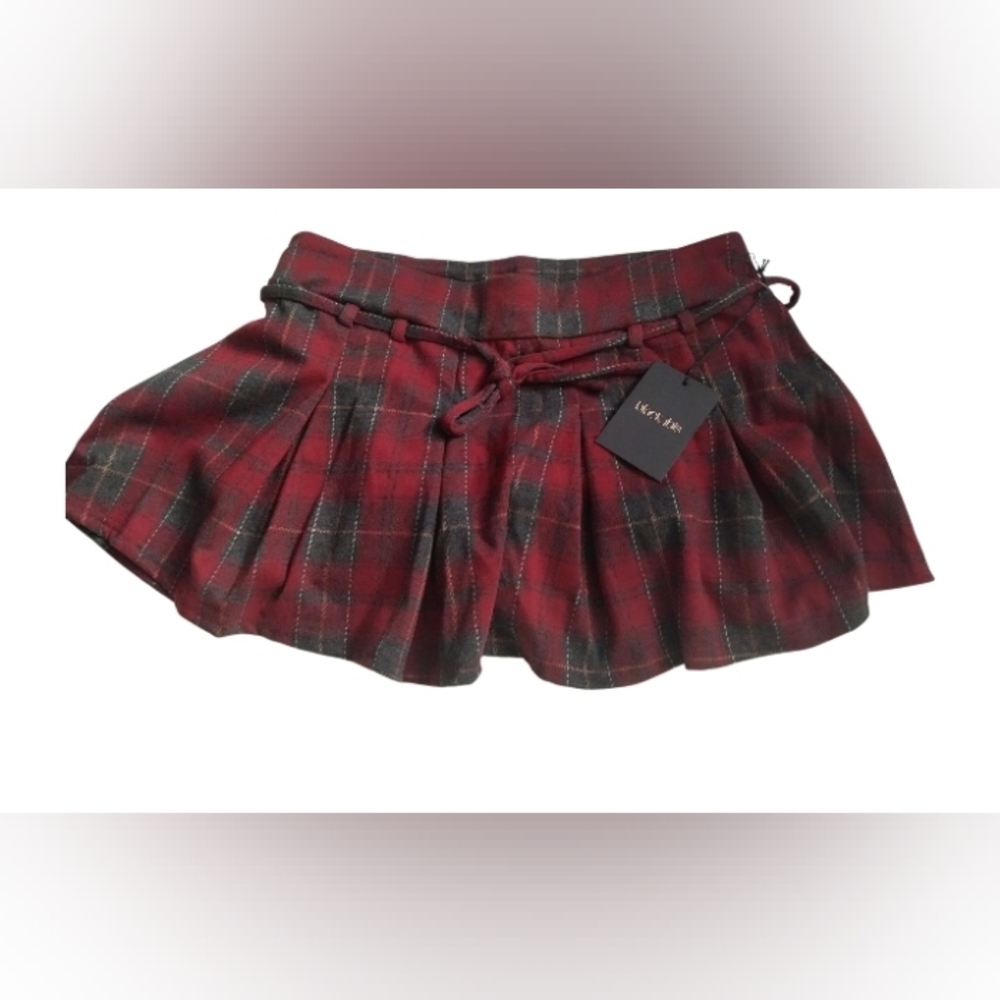 Black Ibis Red Plaid Pleated Mini Skirt with Tie Waist Size XL New